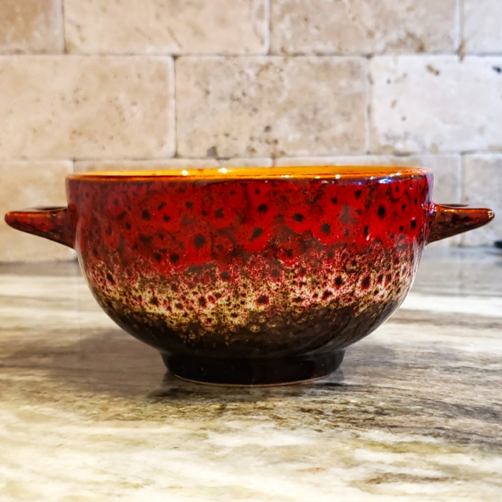 My Cafe Handcrafted Ceramic Red Mottled Glaze Handled Ramen Soup Bean Food Bowl